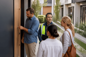 Entering a townhouse with a plumber